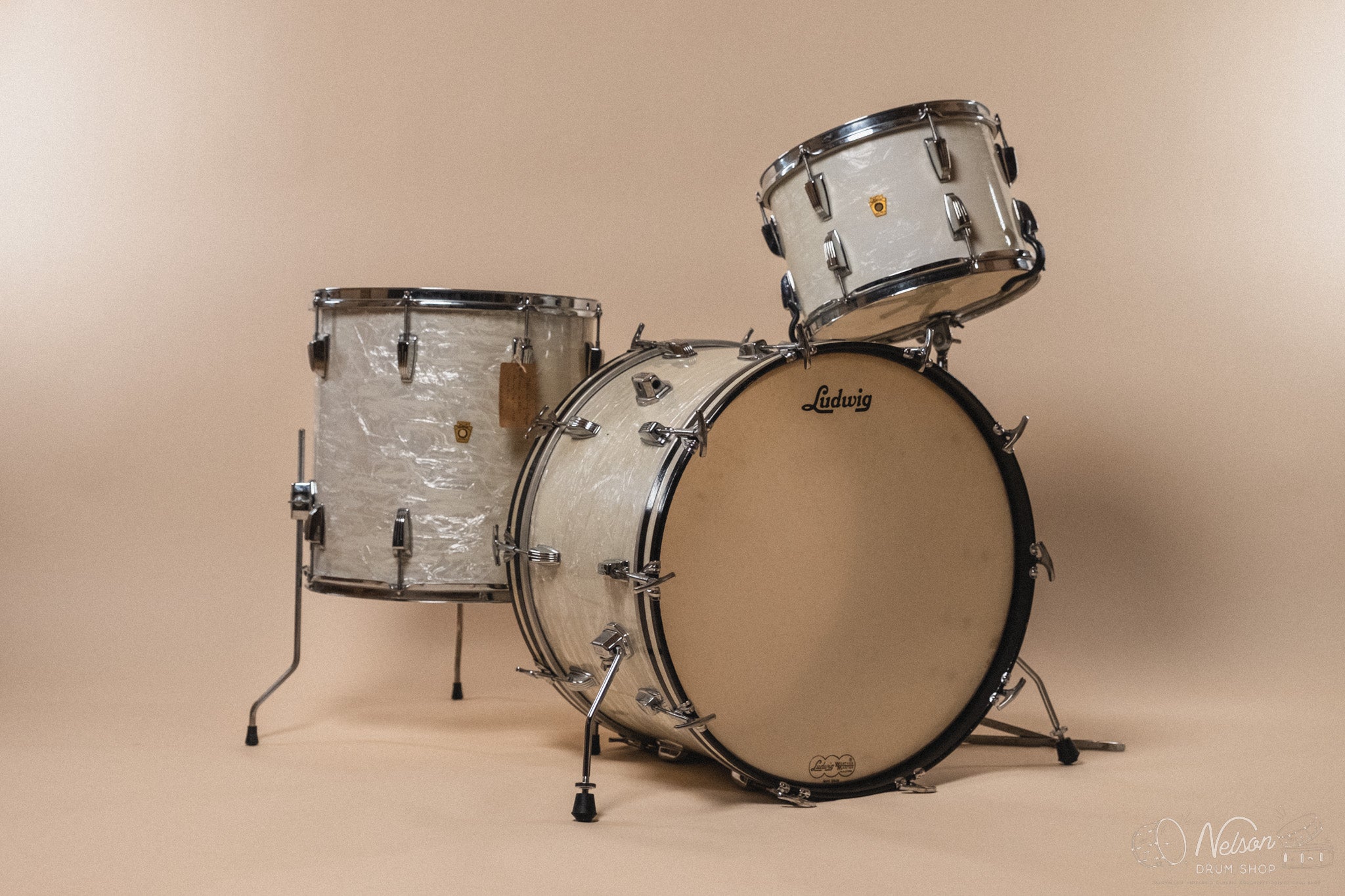 1964 Ludwig 'Super Classic' in White Marine Pearl - 14x22, 16x16, 9x13