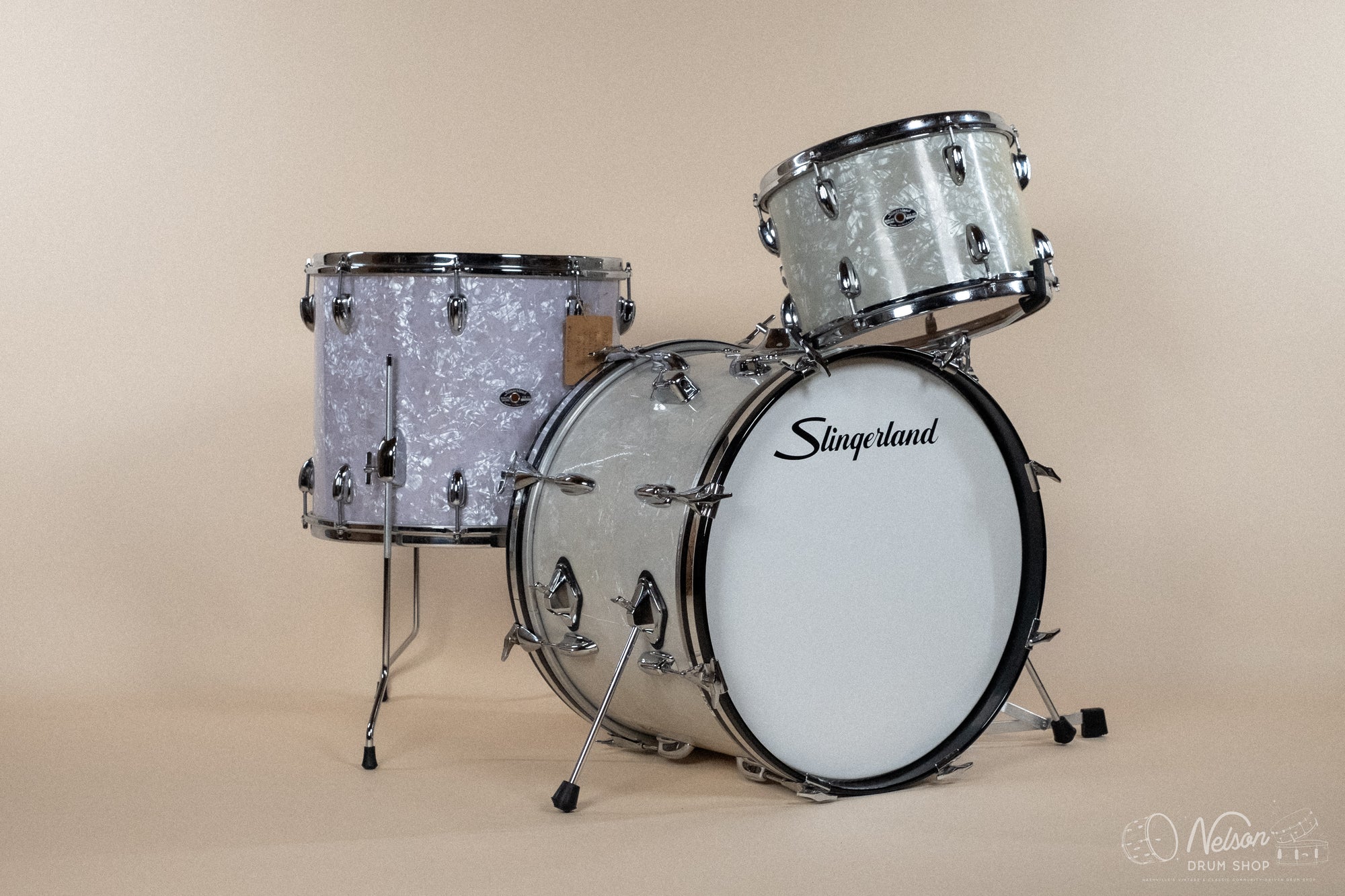 1970s Slingerland Gene Krupa Deluxe in White Marine Pearl - 14x20, 9x13, 14x16