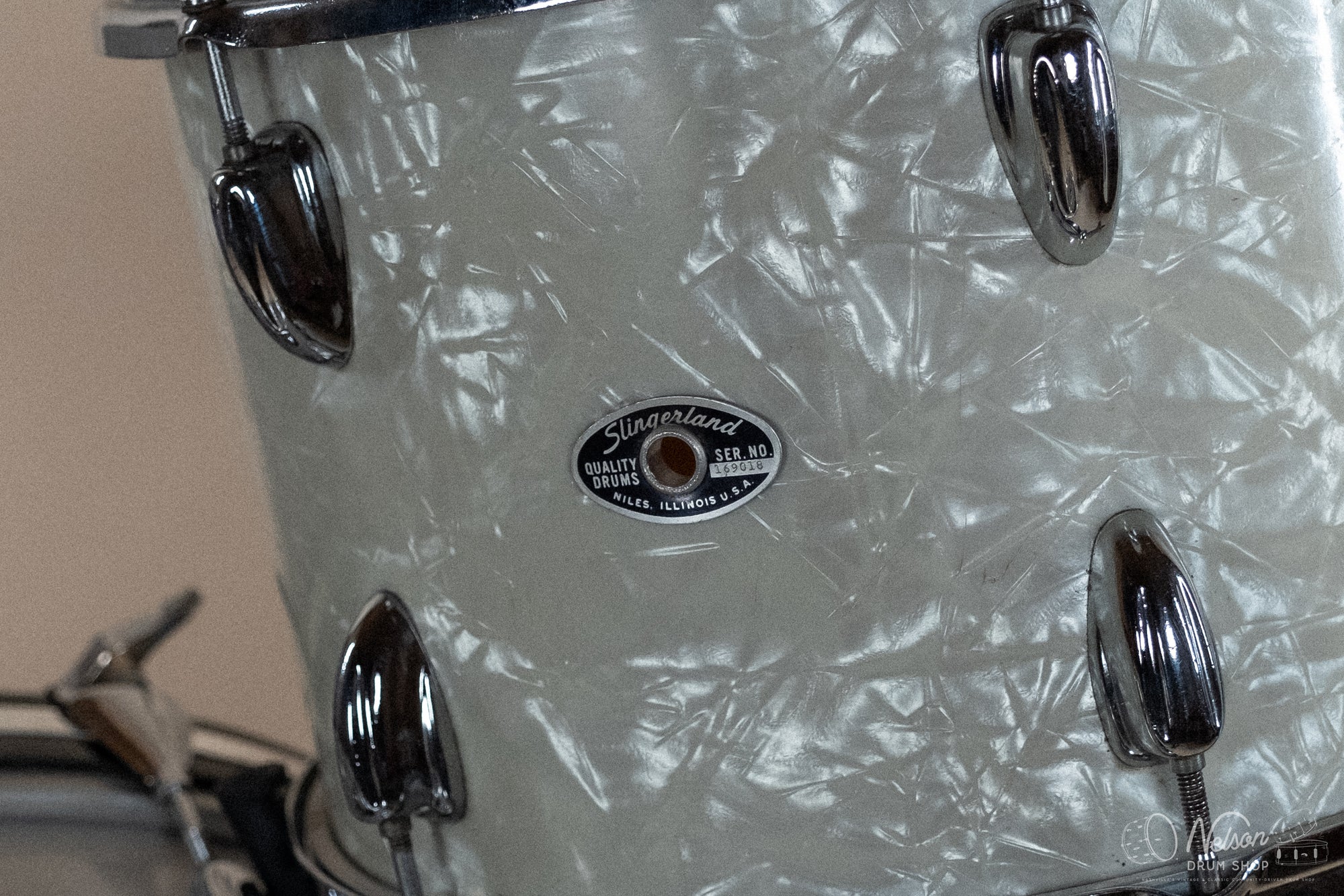 1970s Slingerland Gene Krupa Deluxe in White Marine Pearl - 14x20, 9x13, 14x16