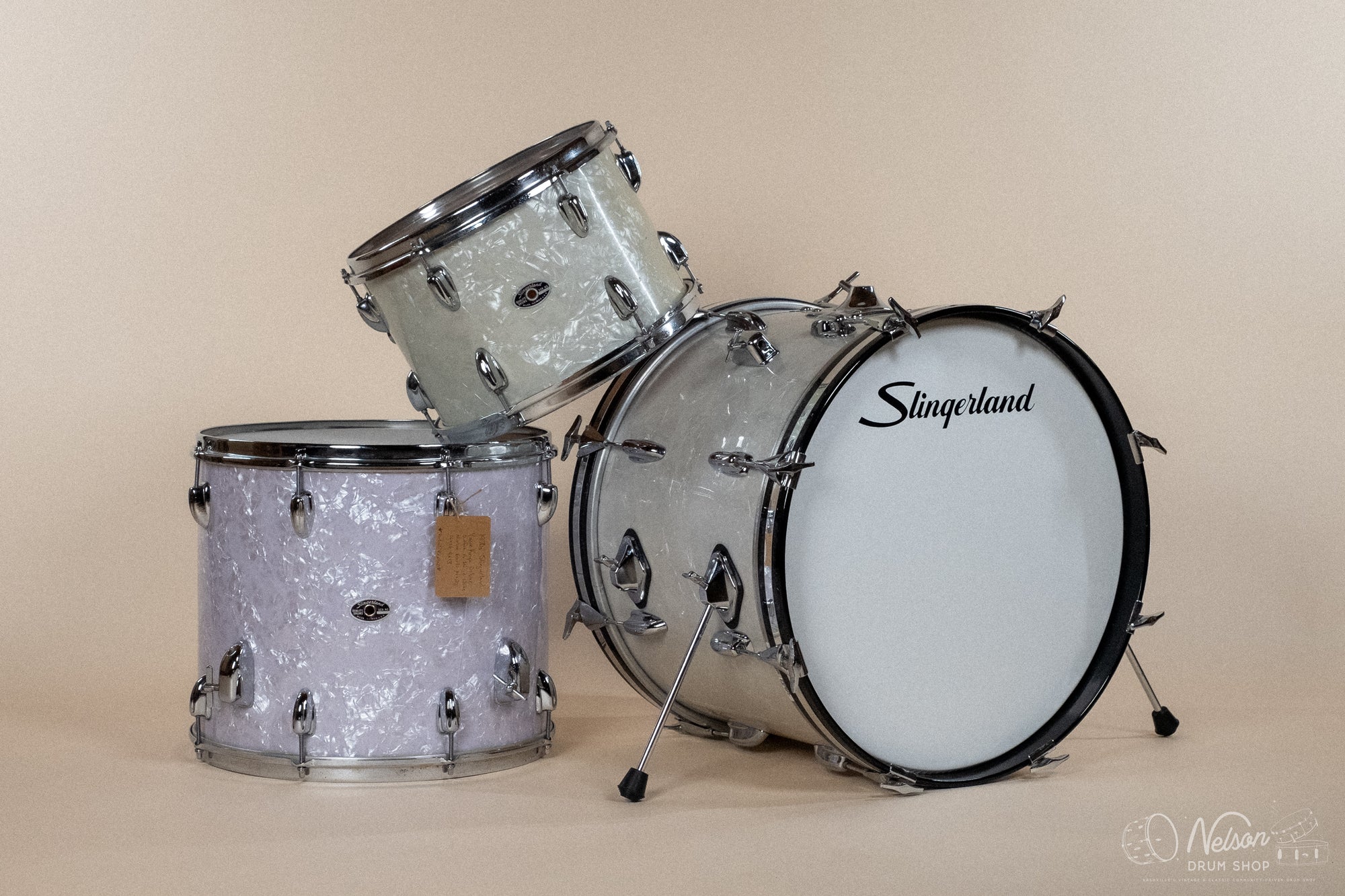 1970s Slingerland Gene Krupa Deluxe in White Marine Pearl - 14x20, 9x13, 14x16