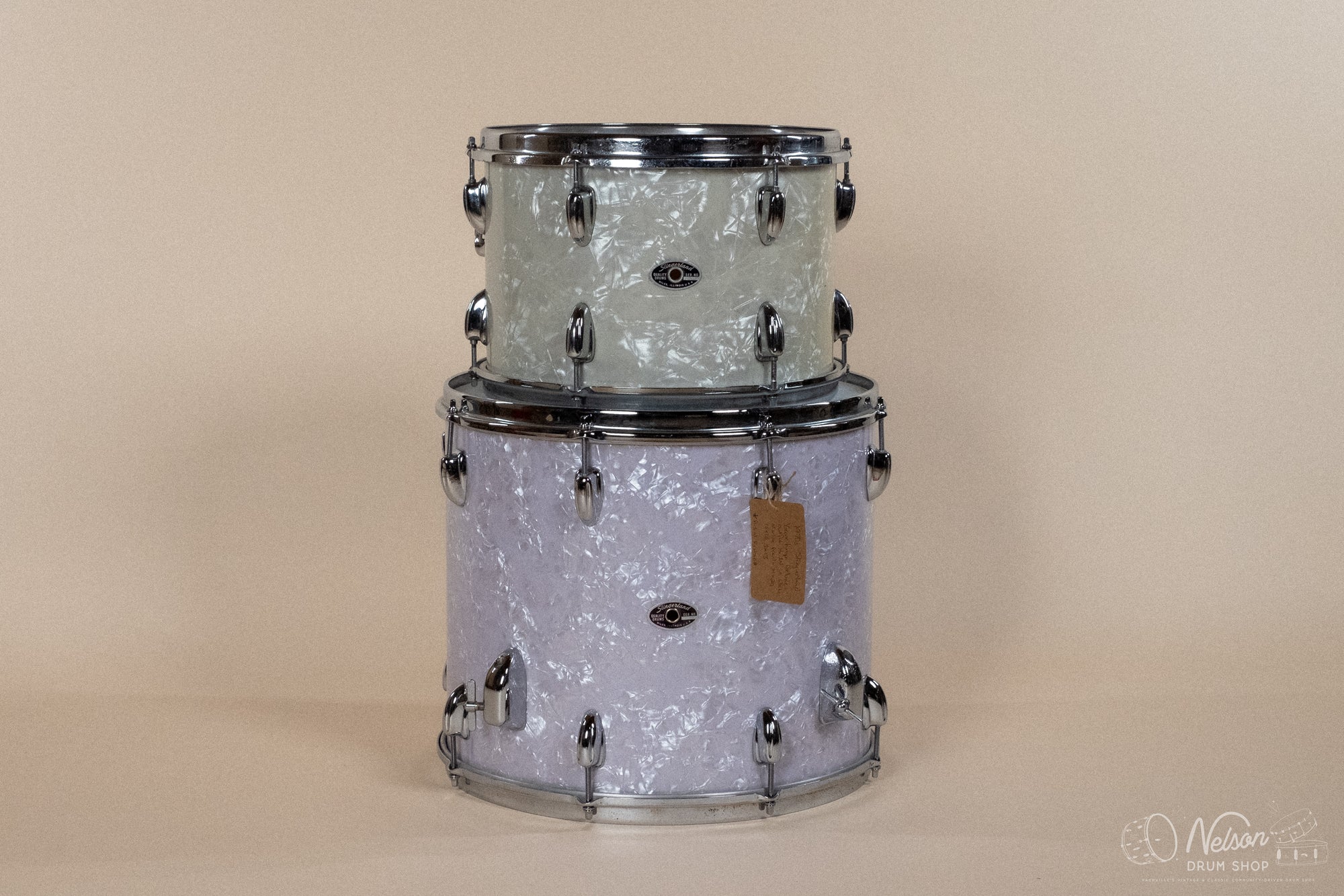 1970s Slingerland Gene Krupa Deluxe in White Marine Pearl - 14x20, 9x13, 14x16