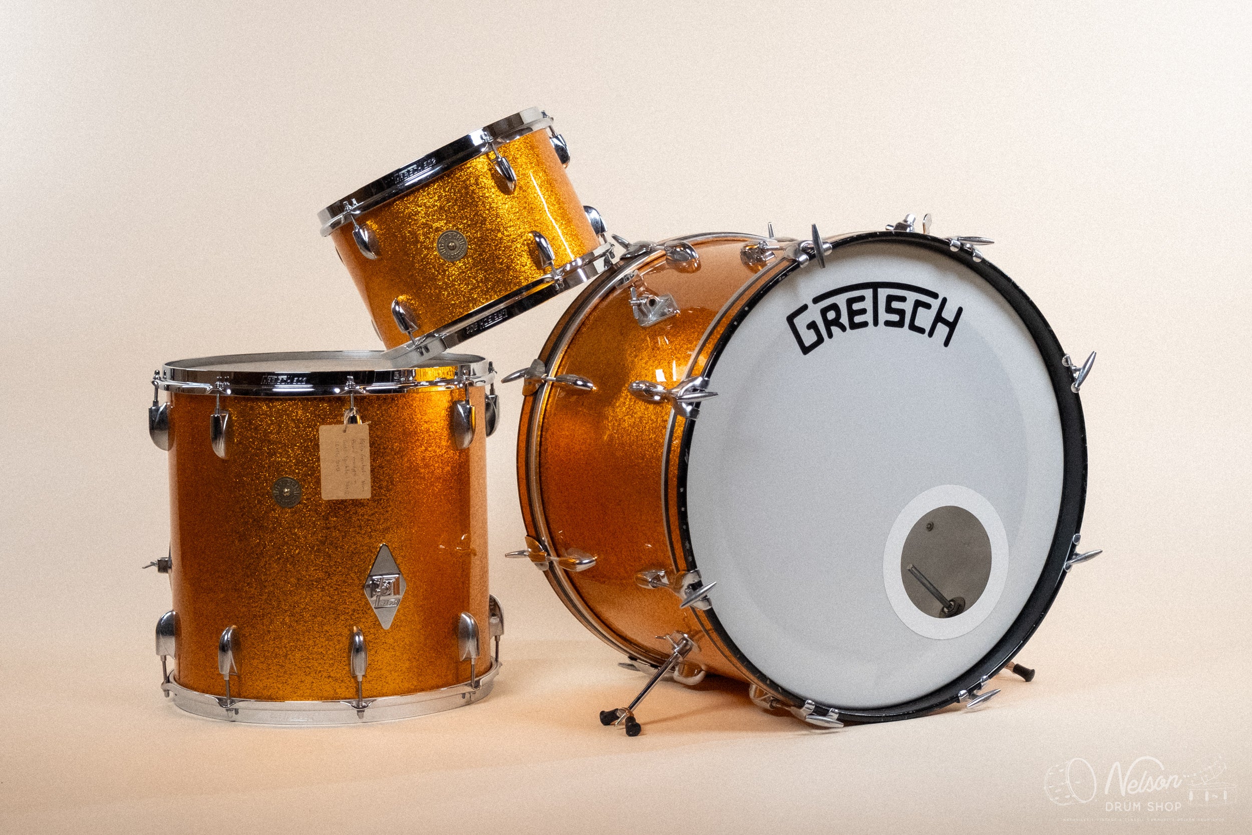 1960s Gretsch 'Name Band' rewrapped in Gold Sparkle - 14x22, 16x16, 9x13