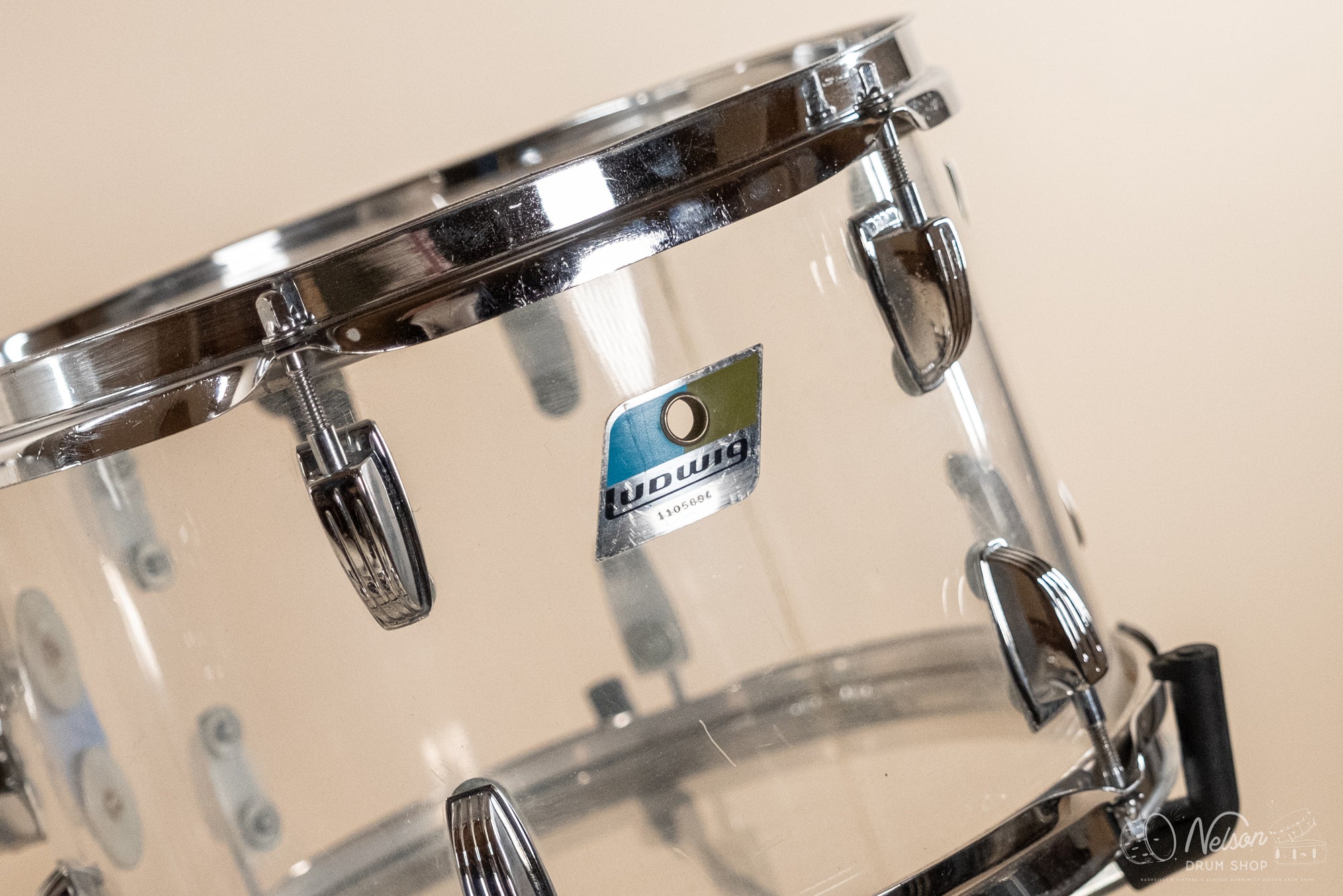 1970s Ludwig 'Downbeat' in Clear Vistalite - 14x20, 8x12, 14x14