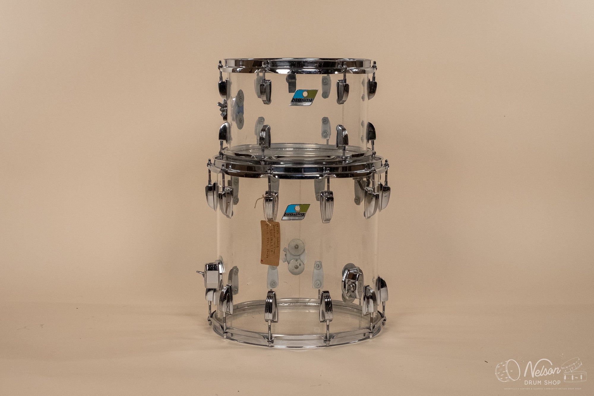 1970s Ludwig 'Downbeat' in Clear Vistalite - 14x20, 8x12, 14x14