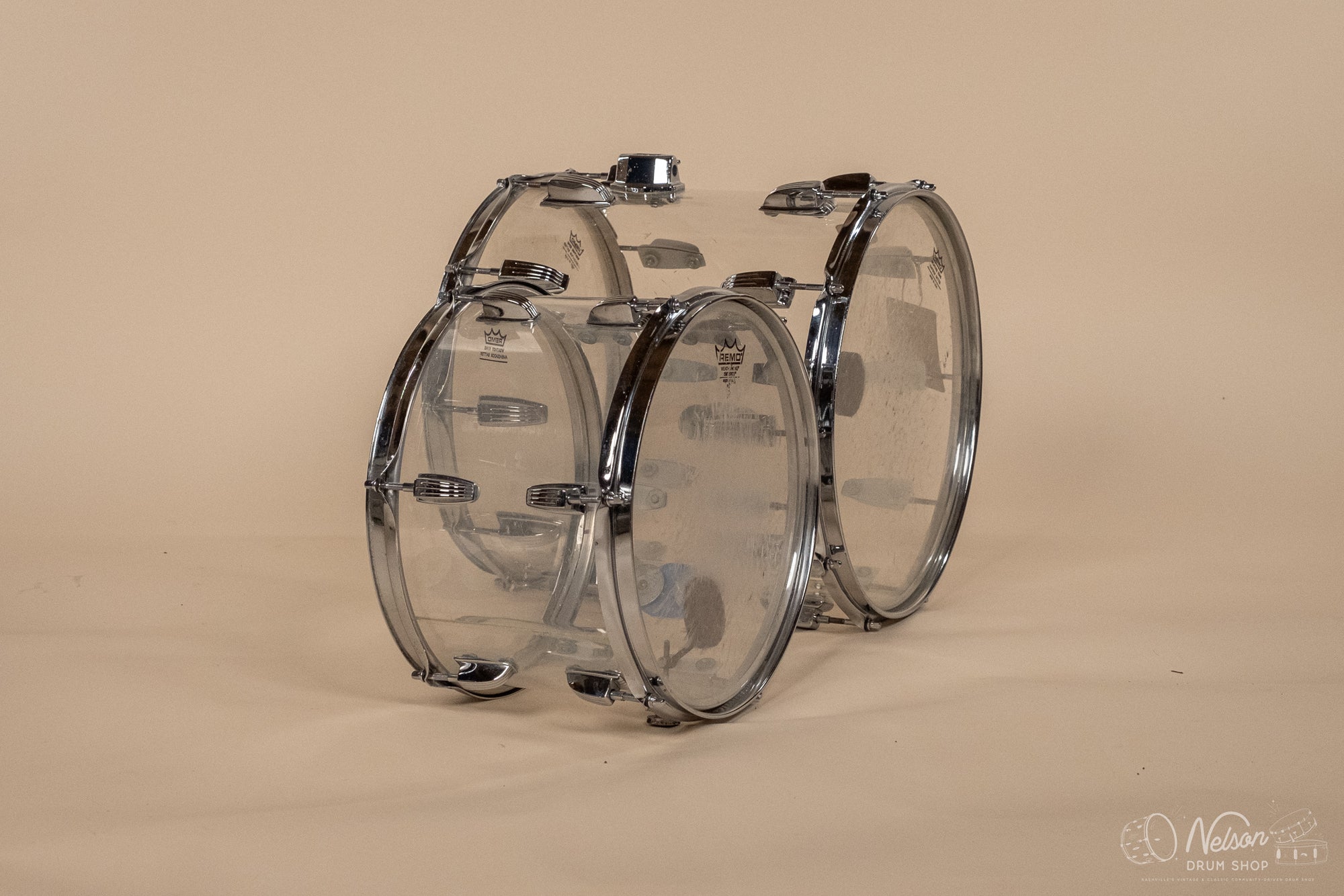 1970s Ludwig 'Downbeat' in Clear Vistalite - 14x20, 8x12, 14x14