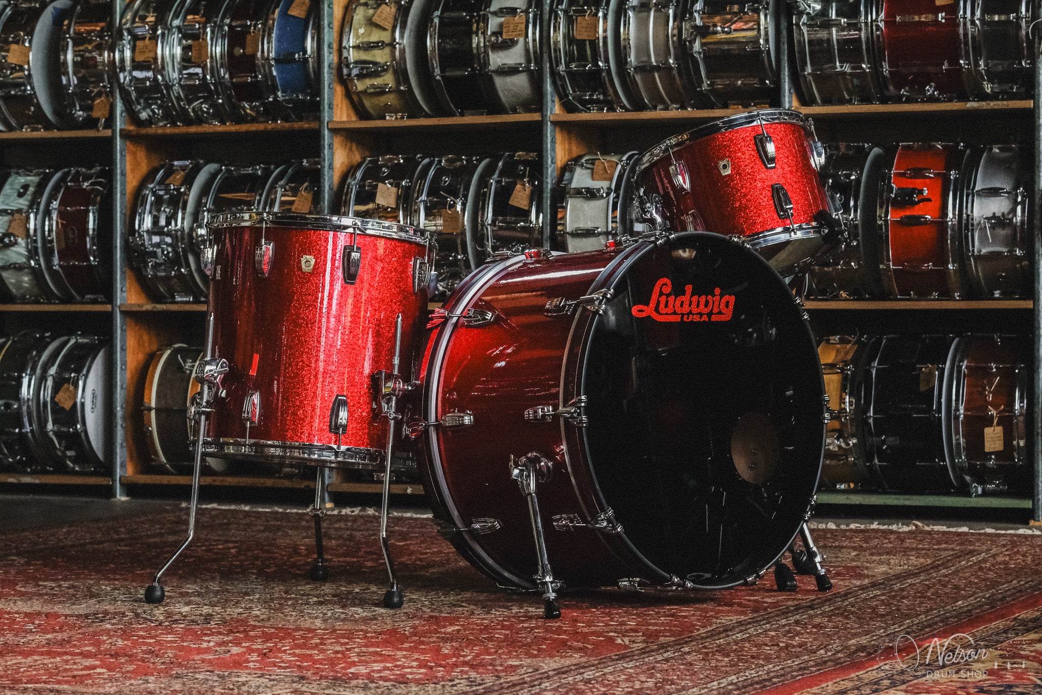 Used Ludwig Classic Maple 'Pro Beat' in Red Sparkle - 14x24, 9x13, 16x16