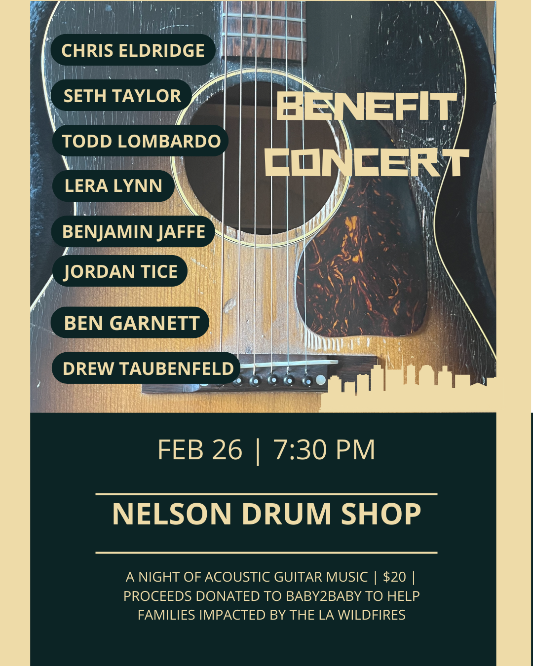 Benefit Concert for families affected by LA Wildfires, Acoustic Guitar Night - February 26th @ 7:30pm