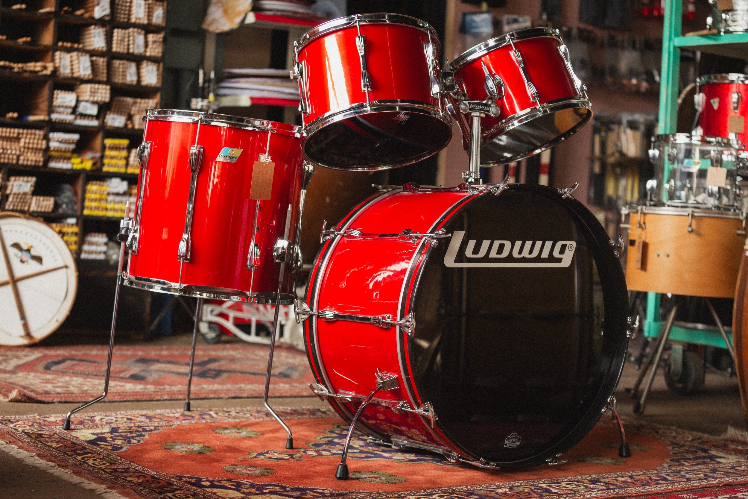 1970s Ludwig 3ply 'Mach 5' in Red Silk - 8x12, 9x13, 16x16, 14x24