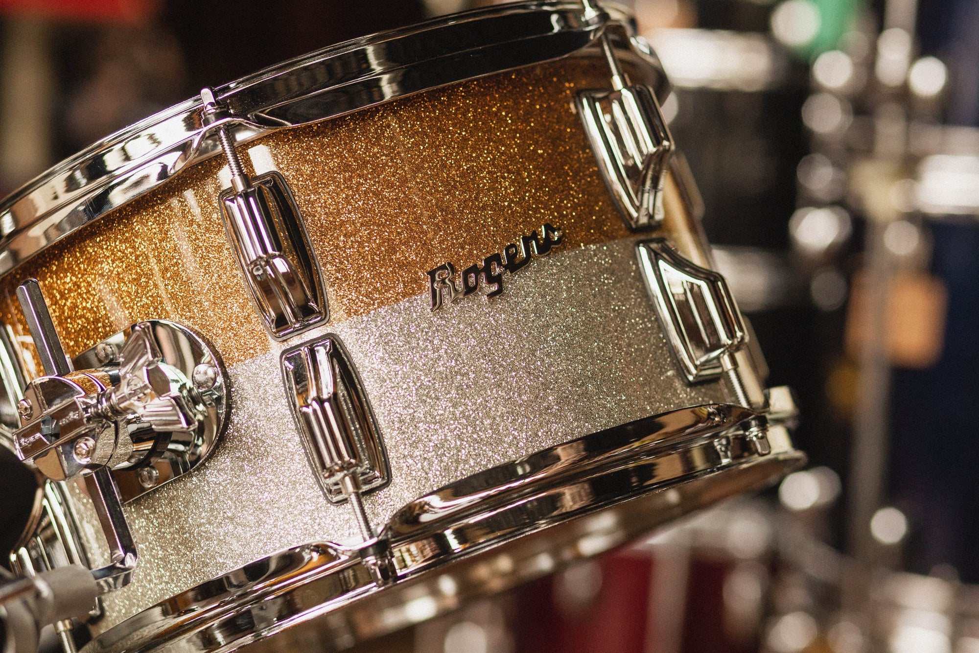 Rogers 'PowerTone' in Gold & Silver Two-Tone Lacquer Sparkle - 12x20, 7x12, 14x14