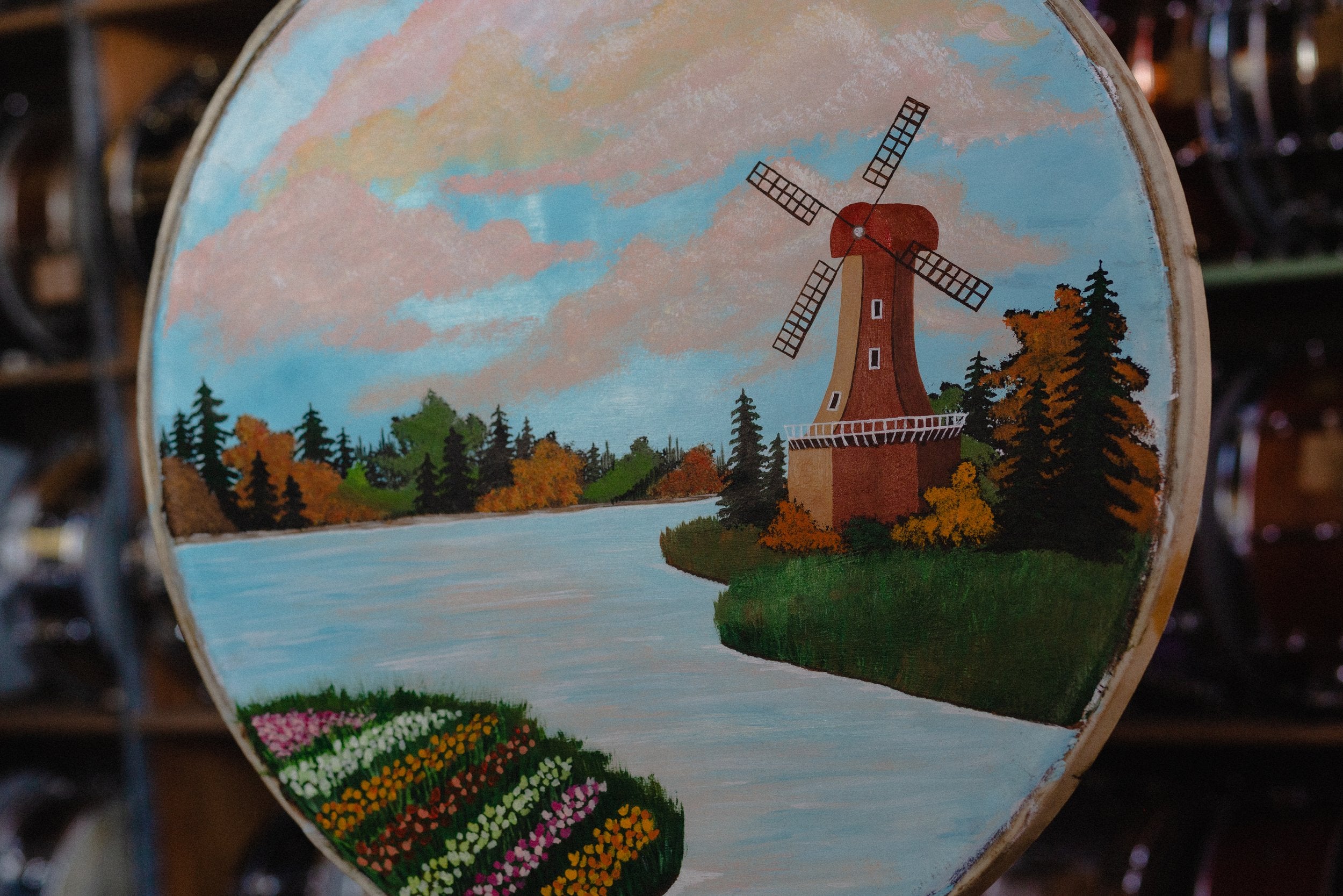 Windmill by the River Custom Painting  by Bethany Nelson - 24" Vintage Calfskin