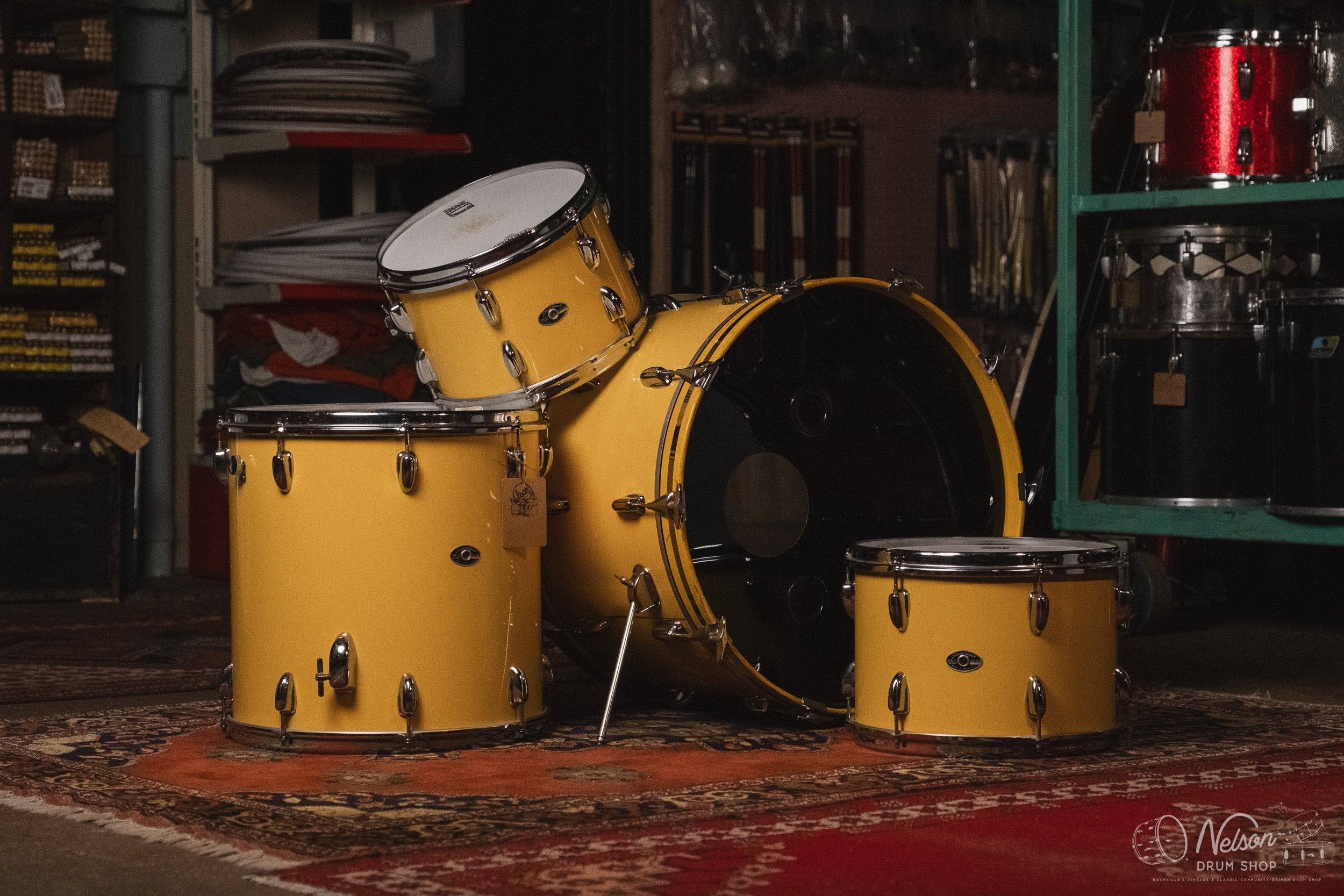 1970s Slingerland 'New Rock Outfit' in Yellow Gloss - 14x22, 8x12, 9x13, 16x16